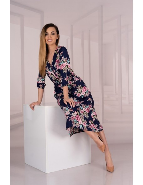 Sridevi dress women's midi navy blue in floral pattern, Merribel 85489